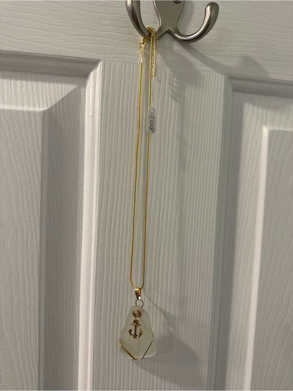 Gold Anchor Pendant Necklace with White Sea Glass Charm